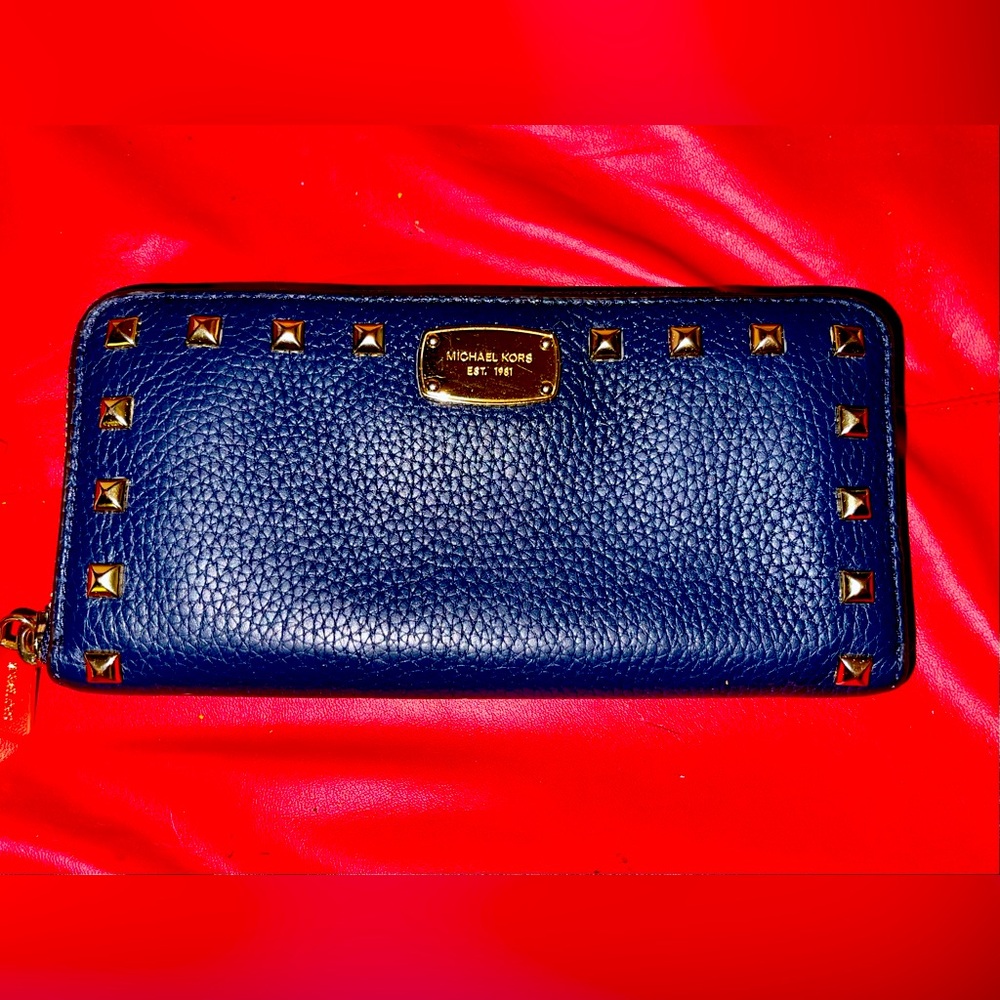 Michael Kors Blue Pebbled Leather with Gold Studs Long Zippy Wallet.
